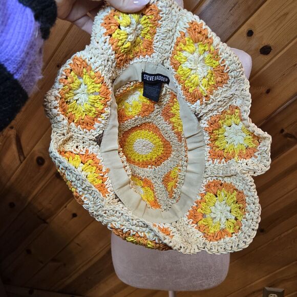 Steve Madden Boho Hippie Crochet Bucket Hat Paper Yarn Square Orange & Yellow‎ - Picture 4 of 5